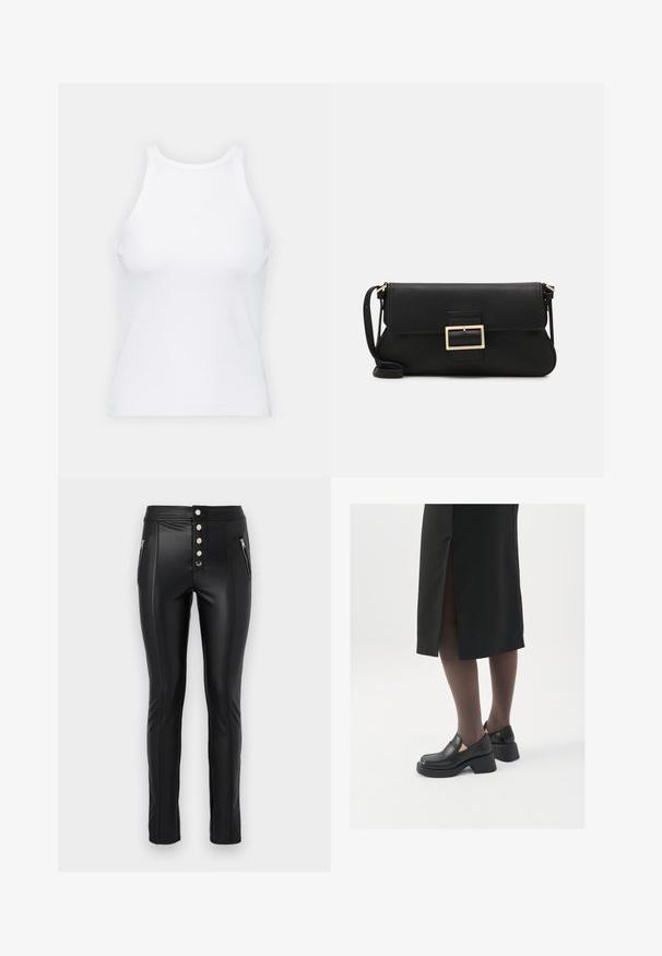 Top senza maniche bianco realizzato in tessuto a coste, caratterizzato da un collo arrotondato e una silhouette aderente, con cuciture minime e senza decorazioni.; Pantaloni in ecopelle nera con vita alta, cinque bottoni metallici, tasche laterali con zip e design aderente. Presentano dettagli di cucitura a vista.; Scarpe in pelle nera con punta arrotondata, tacco spesso a blocco e accenti laterali in elastico, abbinate a collant scuri e una gonna nera con uno spacco.; Borsa a mano in pelle nera con patta e dettaglio in metallo dorato. Include una tracolla nera e un design elegante e minimalista.; Orecchini a cerchio in argento con un design torciglionato, caratterizzati da una finitura lucida e chiusura a perno. Misurano circa 3 cm di diametro.