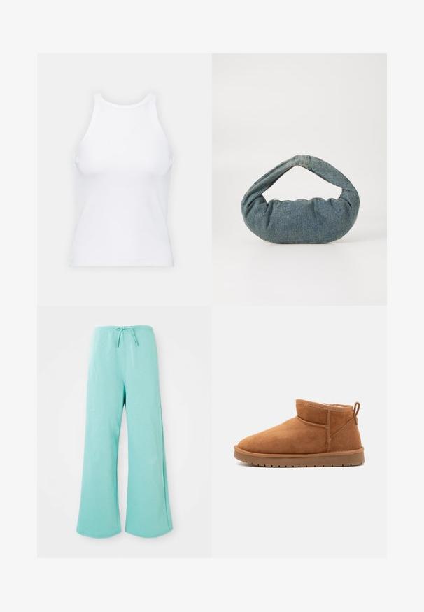 Weißes ärmelloses Tanktop aus geripptem Stoff, mit rundem Ausschnitt und figurbetonter Silhouette, minimalen Nähten und ohne Verzierungen.; Helle blaue strukturierte Sweatpants mit elastischem Bund und vorderem Kordelzug, auf einem schlichten weißen Hintergrund präsentiert.; Call it Spring JAMIELEE - Snowboot/Winterstiefel - camel; Blaues Denim-Tasche mit einer gepolsterten, runden Form und einem gebogenen Griff. Die Textur ist weich, mit sichtbaren Nähten und einer glatten Oberfläche.