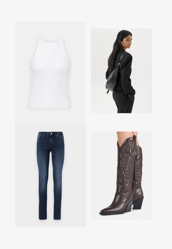 Top de tirantes blanco sin mangas hecho de tela acanalada, con un escote redondeado y una silueta ajustada, con costuras mínimas y sin adornos.; Jeans skinny azul oscuro de mezclilla, con un clásico diseño de cinco bolsillos, cierre de botón y un ligero desgaste en los muslos.; Botas de vaquero de cuero marrón con punta afilada y tacón cuadrado, que presentan costuras detalladas y acentos elevados en el caño.; Mujer con cabello largo y oscuro vestida con un traje negro, llevando un bolso de cuero negro al hombro, mirando por encima de su hombro contra un fondo blanco.