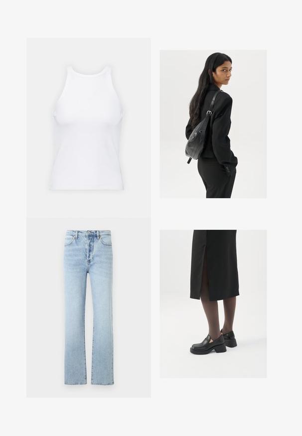 Bela brezrokavna majica iz rebraste tkanine, z zaobljenim izrezom in prilegajočim silhueto, z minimalnimi šivi in brez okraskov.; Svetlo modri kavbojki z ravnimi nogavicami, ki imajo visok pas, klasičen pet žepni slog in subtilno zbledelo barvo.; Črne usnjene čevlje s zaobljenim prstom, debelim blokastim petama in elastičnimi stranskimi detajli, v kombinaciji s temno nogavicami in črno krilo z razporkom.; Ženska z dolgimi temnimi lasmi, oblečena v črn kostim, nosi črno usnjeno torbo čez ramo in se ozira čez ramo proti beli podlagi.