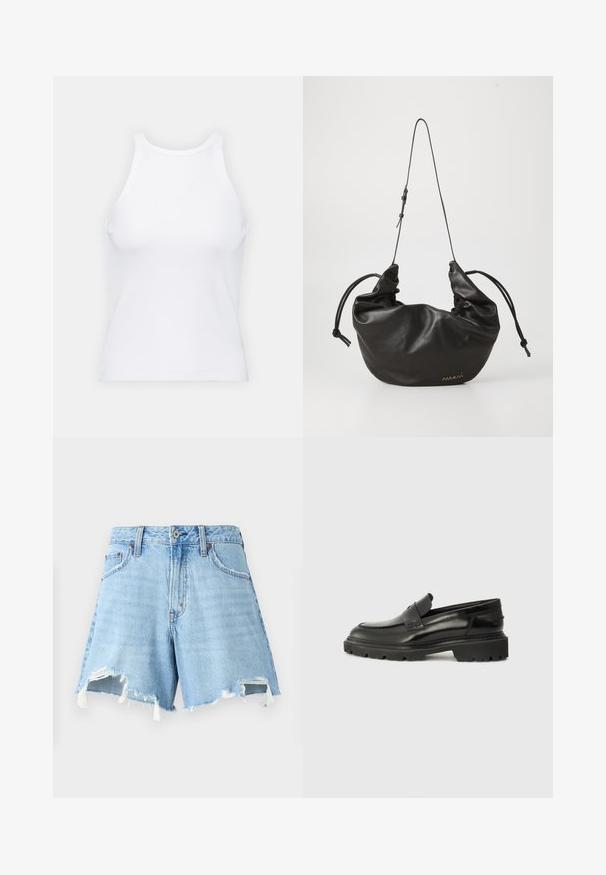 Biela bezrukávová tielko vyrobené z rebrovanej látky, s okrúhlym výstrihom a priliehavým strihom, s minimálnymi švami a bez ozdôb.; Svetlomodré denim šortky s vysokým pásom, rozstrapkaným lemom a dvoma prednými vreckami. Ošúchaná textúra s vyblednutím a surovými okrajmi.; Čierne kožené slip-on topánky s okrúhlou špičkou, hrubou textúrovanou podrážkou a jemným švom. Obsahujú malé logo na zadnej strane.; Čierna mäkká kožená taška cez rameno s nastaviteľným tenkým popruhom, zhrnuté strany viazané uzlami a malým zlatým logom na prednej dolnej pravej strane.