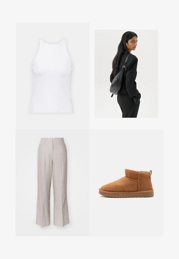 Top alb fără mâneci, confecționat din material ribbed, prezentând un decolteu rotund și o siluetă ajustată, cu cusături minime și fără ornamente.; Pantaloni din in bej deschis cu talie înaltă, picioare largi și pliuri frontale. Textură netedă și design minimalist, potriviți pentru ținute casual.; Call it Spring JAMIELEE - Cizme de iarnă - camel; Femeie cu păr lung și închis la culoare, îmbrăcată într-un costum negru, purtând o geantă de umăr din piele neagră, privind peste umăr, pe un fundal alb.