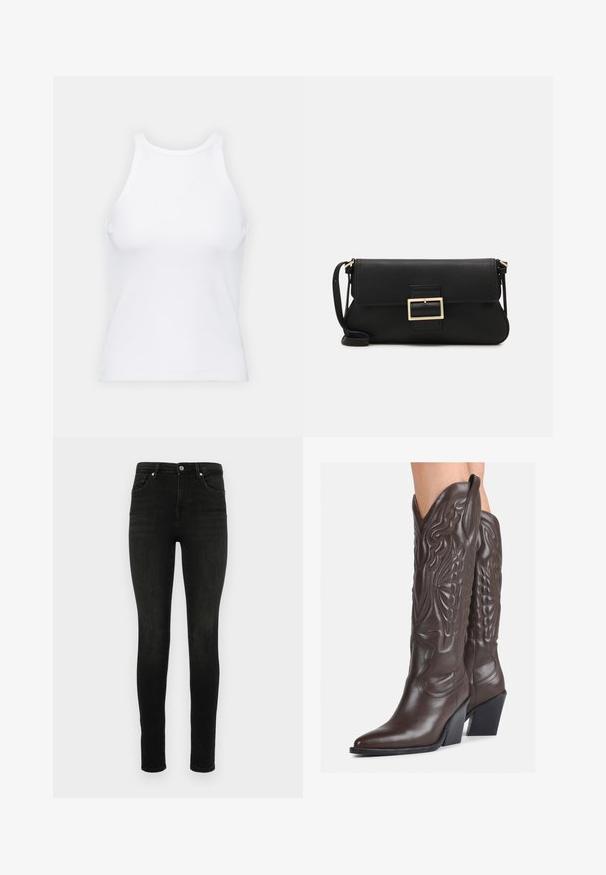 Bela brezrokavna majica iz rebraste tkanine, z zaobljenim izrezom in prilegajočim silhueto, z minimalnimi šivi in brez okraskov.; Črne ožje jeans hlače iz denima. Klasična zasnova s petimi žepi z zadrgo in gumbom. Gladka tekstura in prilegajoč kroj.; Rjave usnjene kavbojske čevlje z ostrim nosom in blok peto, ki vsebujejo podrobno šivanje in dvignjene dodatke na zgornjem delu.; Črna usnjena torbica na preklop z zlato kovinsko zaponko. Vključuje črn trak in eleganten, minimalističen dizajn.; Srebrni uhani v obliki obročka s spiralnim dizajnom, ki imajo sijajno površino in zapiralo na zadnji strani. Mere znašajo približno 3 cm v premeru.