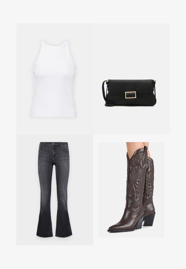 Λευκό μανίκι τοπ χωρίς μανίκια φτιαγμένο από ριμπ ύφασμα, με στρογγυλή λαιμόκοψη και εφαρμοστή σιλουέτα, με ελάχιστες ραφές και χωρίς διακοσμήσεις.; Γεμάτα τζιν σε σκούρο γκρι τζην με ξεθωριασμένο φινίρισμα. Διαθέτουν στάνταρ σχέδιο πέντε τσεπών και μεταλλικό κούμπωμα στη μέση.; Καφέ δερμάτινες καουμπόικες μπότες με μυτερή μύτη και τετράγωνη σόλα, με λεπτομερή ραφή και ανυψωμένα στοιχεία στον κορμό.; Μαύρη δερμάτινη τσάντα φάκελος με καπάκι και χρυσή μεταλλική λεπτομέρεια αγκράφας. Περιλαμβάνει μαύρη θήκη και κομψό, μινιμαλιστικό σχέδιο.