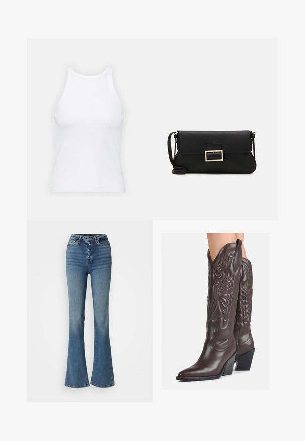 White sleeveless tank top made of ribbed fabric, featuring a rounded neckline and a fitted silhouette, with minimal seams and no embellishments.; High-waisted blue flared jeans made of denim featuring a button fly with five buttons, fading details, and a fitted silhouette through the thighs.; Brown leather cowboy boots with pointed toe and block heel, featuring detailed stitching and raised accents on the shaft.; Black leather clutch bag with a flap and a gold metal buckle detail. Includes a black strap and a sleek, minimalist design.