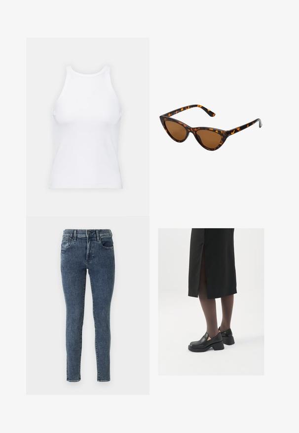 Top de tirantes blanco sin mangas hecho de tela acanalada, con un escote redondeado y una silueta ajustada, con costuras mínimas y sin adornos.; Jeans ajustados en denim azul oscuro con un ligero desgastado. Cuentan con una cintura de altura media, cinco bolsillos y costuras en contraste a lo largo de las costuras.; Zapatos de piel negra con punta redondeada, tacón grueso y bloque, y acentos elásticos en los laterales, combinados con unos pantys oscuros y una falda negra con una abertura.; Gafas de sol estilo ojo de gato con montura de carey negra y naranja, lentes marrones y puntas elegantes y afiladas. Presenta un logo minimalista en la patilla.; Aretes de aro de oro con un acabado suave y brillante. Diseño circular que presenta un pequeño post y un respaldo transparente para un uso seguro.
