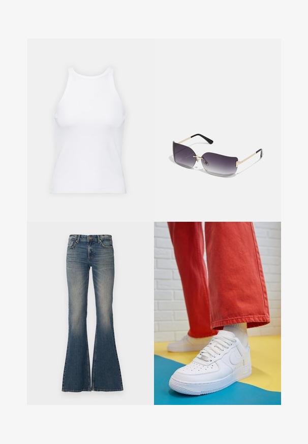 Débardeur blanc sans manches en tissu côtelé, doté d'un col rond et d'une silhouette ajustée, avec des coutures minimales et sans ornements.; Jean bleus évasés en denim, avec une fermeture à bouton, un design à cinq poches et une finition délavée, dotés d'une large ouverture de jambe.; Baskets blanches en cuir avec une boîte à orteils perforée, semelle texturée et lacets blancs, associées à un large pantalon rouge et un fond bleu et jaune.; Lunettes de soleil avec une lentille dégradée grise, une monture en métal doré et des accents en plastique noir. Lentilles uniques en forme de papillon avec des branches fines.; Boucles d'oreilles en argent en forme de créoles avec un design torsadé, dotées d'une finition polie et d'une fermeture à poussoir. Mesurent environ 3 cm de diamètre.