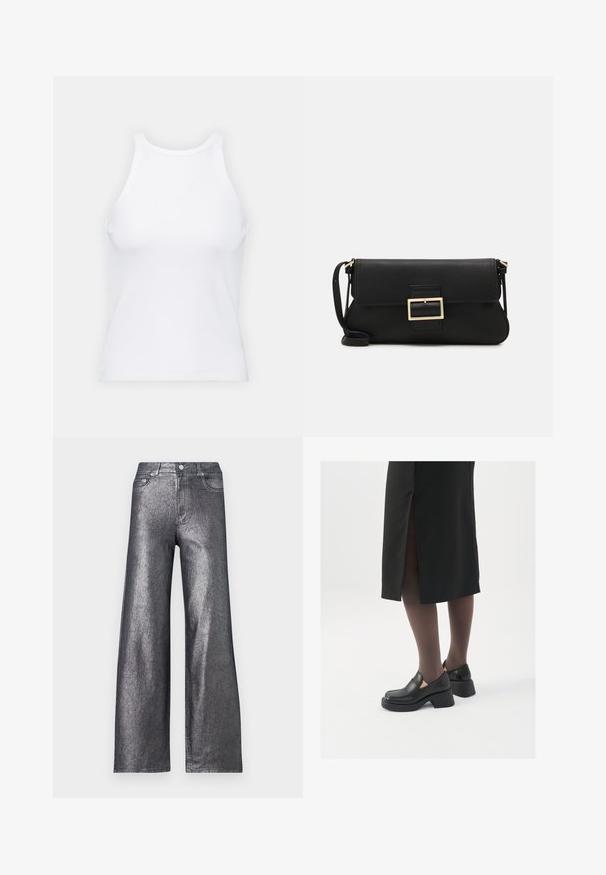 Valge ilma varrukateta T-särk, mis on valmistatud ribakangast, ümarate kaelustega ja kitseneva siluetiga, minimaalse õmbluste ning ilma kaunistusteta.; Hõbedast metallikust laiad püksid kõrge talje ja viie taskuga, millel on nupuga sulgemine. Materjal on sile ja läikiv.; Mustad mustad jalatsid ümmarguse varbaga, paksu plokkniidi ja elastsete külgdetailidega, kombineeritud tumedate sukkade ja musta lõhikuga seelikuga.; Must haben musta nahkklahviga kott, millel on klapp ja kuldne metallist pandla detail. Kaasas must rihm ja stiilne, minimalistlik disain.; Hõbedased rõngastikkaehingad minimalistlikus disainis. Ümar kuju, sile tekstuur ja õhuke profiil. Kerged ning poleeritud viimistlusega.