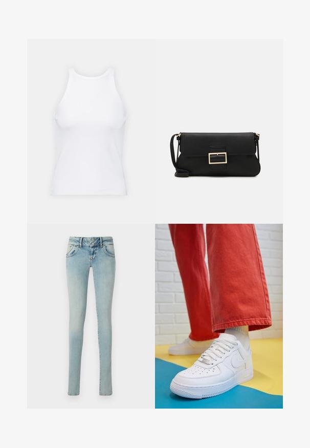 Balta bezpiedurkņu topiņš no ribotā auduma, ar noapaļotu kakla izgriezumu un pieguļošu siluetu, ar minimālām šuvēm un bez rotājumiem.; Gaiši zili, šaurie džinsi ar klasisku piecu kabatu dizainu, pogu aizdari un nolietotu denima tekstūru ar nelielu krāsas variāciju.; Baltās ādas kedas ar perforētu purngalu, teksturētu zoli un baltām auklām, apvienotas ar platām sarkanām biksēm un zilu un dzeltenu fona.; Melnas ādas saķeres soma ar atloku un zelta metāla sprādzi. Ietver melnu siksnu un elegantu, minimālistisku dizainu.; Zelta auskari ar gludu, spīdīgu apdari. Apaļš dizains, kas ietver mazu tapu un caurspīdīgu pamatni drošai valkāšanai.