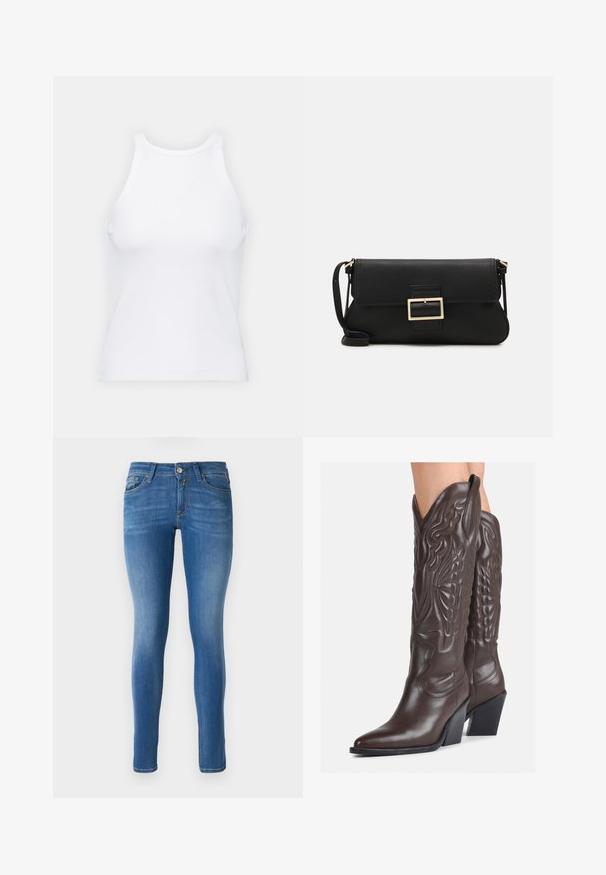 Fehér ujjatlan trikó ribbed anyagból, lekerekített nyakkivágással és testhez simuló siluettel, minimális varrásokkal és díszítések nélkül.; Kék farmer skinny farmernadrág, középmagas derékrésszel, hagyományos öt zsebes kialakítással és finom fakulással a lábakon.; Barna bőr cowboy csizmák hegyes orral és blokk sarkal, részletes varrással és kiemelkedő díszítésekkel a szárán.; Fekete bőr kézitáska hajtóka részlettel és aranyszínű fém csattal. Tartalmaz egy fekete pántot és egy letisztult, minimális dizájnt.
