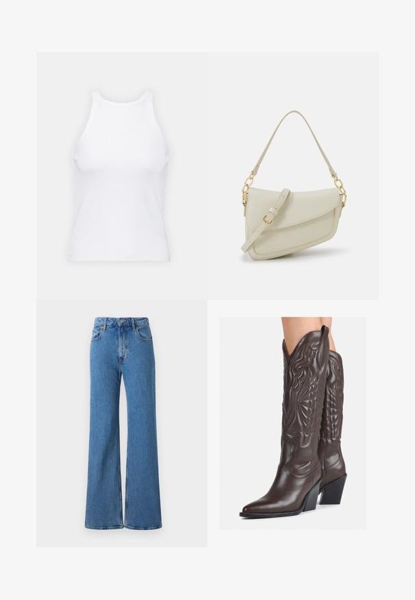 Top desportivo sem mangas, de cor branca, feito de tecido canelado, com decote arredondado e silhueta justa, apresentando costuras mínimas e sem adornos.; Calças de ganga azul de perna larga com uma cintura alta, apresentando um clássico design de cinco bolsos e detalhes de bainha desfendida, feitas de tecido de algodão texturizado.; Botas de cowboy em couro castanho com bico pontudo e salto quadrado, apresentando costuras detalhadas e realces elevados no cano.; Pequena bolsa de creme com um acabamento texturizado, uma alça longa ajustável, um detalhe em corrente e um fecho de aba. Detalhes em hardware dourado.