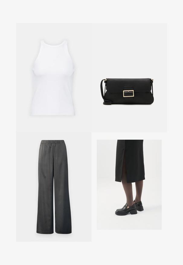 Witte mouwloze tanktop van ribstof, met een ronde halslijn en een aansluitende pasvorm, met minimale naden en zonder versieringen.; Zwarte wijde broek met elastische tailleband; gladde, glanzende textuur; lange broeklengte; geen zichtbare patronen of hardware-accenten.; Zwarte leren schoenen met een ronde neus, dikke blokhak en elastische zijkanten, gecombineerd met donkere panty's en een zwarte rok met een split.; Zwarte leren clutch met een klep en een gouden metalen sluiting. Inclusief een zwarte schouderband en een slank, minimalistisch ontwerp.; Zilveren creolen met een gedraaide ontwerp, voorzien van een gepolijste afwerking en een post-back sluiting. Meet ongeveer 3 cm in diameter.