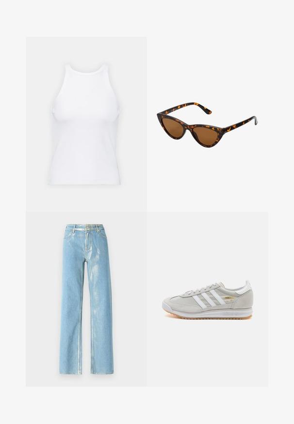 Bijela majica bez rukava napravljena od rebraste tkanine, s okruglim izrezom i uklapajućim siluetom, s minimalnim šavovima i bez ukrasa.; Svijetloplave široke traperice s sjajnim detaljima, s visokim strukom, zatvaranjem na gumb i vidljivim šavovima. Glatka tekstura traperice.; Svijetlosivi tenisice od antilopa i mrežice, s tri bijele pruge, okruglim vrhom i gumenom potplatom. Zlatni logo akcent blizu vezica.; Sunglasses u obliku mačjih očiju s okvirom u crno-narančastom kornjačevom uzorku, smešnim lećama i elegatnim, šiljastim vrhovima. Sadrži minimalni logo na dršci.; Srebrne okrugle naušnice s minimalističkim dizajnom. Kružni oblik, glatka tekstura i tanak profil. Lagane s poliranim završetkom.
