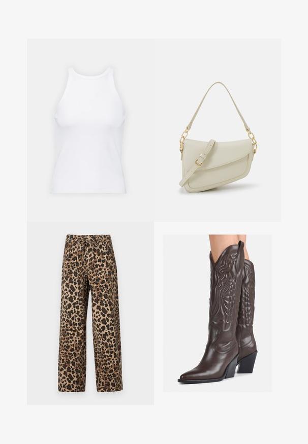 Top de tirantes blanco sin mangas hecho de tela acanalada, con un escote redondeado y una silueta ajustada, con costuras mínimas y sin adornos.; Pantalones de pierna ancha con estampado de leopardo en tonos marrón y negro, con cintura ajustable y tejido ligero y texturizado.; Botas de vaquero de cuero marrón con punta afilada y tacón cuadrado, que presentan costuras detalladas y acentos elevados en el caño.; Pequeño bolso de mano crema con un acabado texturizado, una correa larga y ajustable, un acento de cadena y cierre de solapa. Detalles en hardware dorado.