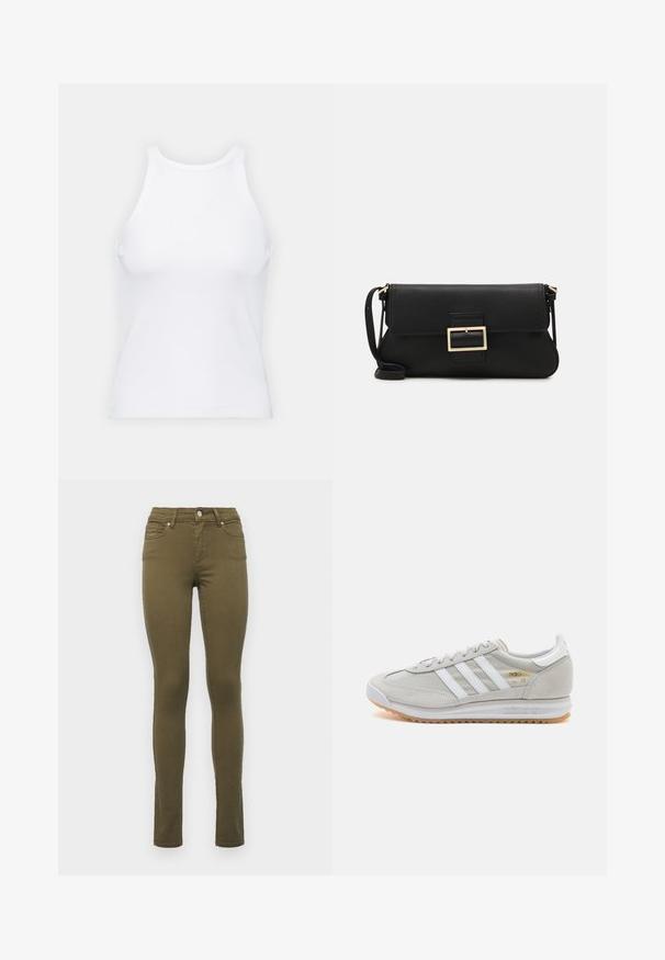 White sleeveless tank top made of ribbed fabric, featuring a rounded neckline and a fitted silhouette, with minimal seams and no embellishments.; Olive green slim-fit jeans made of cotton blend, featuring a standard waist, five pockets, and subtle stitching detail along the seams.; Light grey sneaker made of suede and mesh, featuring three white stripes, round toe, and a gum rubber sole. Gold logo accent near laces.; Black leather clutch bag with a flap and a gold metal buckle detail. Includes a black strap and a sleek, minimalist design.; Silver hoop earrings with a twisted design, featuring a polished finish and post-back closure. Measure approximately 3 cm in diameter.