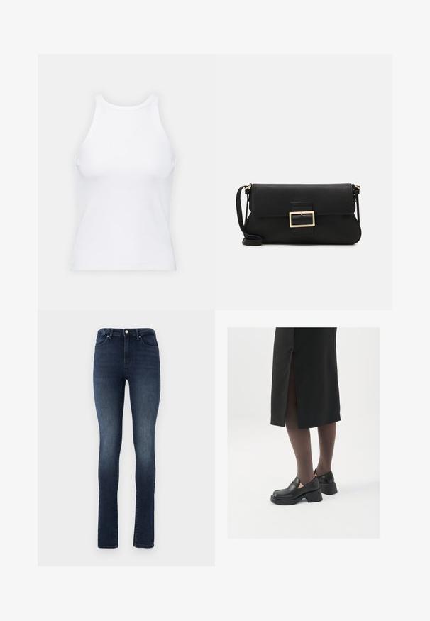 Bijela majica bez rukava napravljena od rebraste tkanine, s okruglim izrezom i uklapajućim siluetom, s minimalnim šavovima i bez ukrasa.; Tamno prani traperice s uskim krojem, visokim strukom, dizajnom s pet džepova i metalnim gumbom za zatvaranje. Glatka tekstura s blagim izbljeđivanjem.; Crne kožne cipele s zaobljenim vrhom, debelim blok petama i elastičnim bočnim detaljima, uparene s tamnim čarapama i crnom suknjom s prorezom.; Crna kožna clutch torbica s preklopom i zlatnim metalnim detaljem kopče. Uključuje crnu trakicu i elegantan, minimalistički dizajn.; Srebrne naušnice s obručima i uvijenim dizajnom, s poliranim završetkom i pričvršćivanjem na stražnjoj strani. Mjere otprilike 3 cm u promjeru.