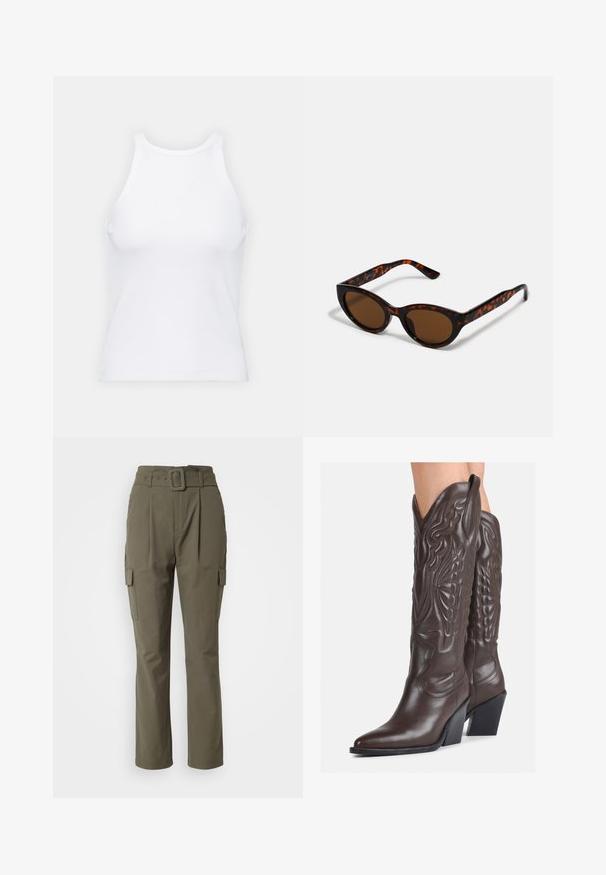 Weißes ärmelloses Tanktop aus geripptem Stoff, mit rundem Ausschnitt und figurbetonter Silhouette, minimalen Nähten und ohne Verzierungen.; Olivgrüne Cargo-Hosen mit einem gebänderten Bund, geraden Beinen, zwei Seitentaschen und einer glatten Stoffstruktur.; Braune Leder-Cowboy-Stiefel mit spitzem Punkt und Blockabsatz, die über detaillierte Stickereien und hervorgehobene Akzente am Schaft verfügen.; Braune Schildpatt-Sonnenbrille mit einer Vintage-Cat-Eye-Form und braunen Gläsern. Verfügt über gebogene Bügel mit roten Akzenten.; Goldene Creolen mit einer glatten, glänzenden Oberfläche. Zirkuläres Design mit einem kleinen Stecker und einer klaren Rückseite für einen sicheren Sitz.