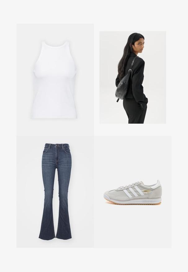 Baltas be rankovių marškinėlis, pagamintas iš išklotinės medžiagos, su apvaliu iškirpimu ir prigludusia siluetu, minimaliais siūlais ir be dekoracijų.; Aukštai juosmens tamsiai mėlyni platėjantys džinsai, pagaminti iš denimo, su priekiniais mygtukais, penkiomis kišenėmis ir lygia, tekstūruota apdaila.; Šviesiai pilki sportbačiai, pagaminti iš zomšos ir tinklinės medžiagos, su trimis baltais dryžiais, apvaliu pirštu ir guma padu. Auksinė logotipo detalė šalia raištelių.; Moteris su ilgais tamsiais plaukais, vilkinti juodą kostiumą, nešanti juodą odinę rankinę per petį, žvelgia per petį prieš balto fono.; Sidabrinės pusmėnulio auskarai minimalistiniu dizainu. Apskritimo forma, lygus paviršius ir plonas profilis. Lengvi su poliruotu apdailu.