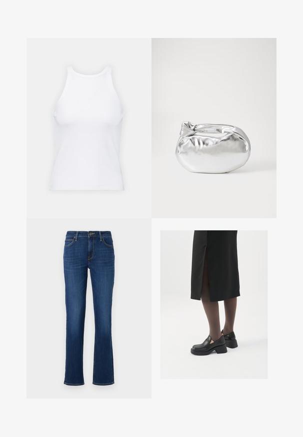 Balta bezpiedurkņu topiņš no ribotā auduma, ar noapaļotu kakla izgriezumu un pieguļošu siluetu, ar minimālām šuvēm un bez rotājumiem.; Tumši zili denima džinsi ar taisnu kāju dizainu, ar piecām kabatām, ar rāvējslēdzēju un kontrastējošu dzeltenu šuvju šuvēm.; Melni ādas apavi ar noapaļotu purngalu, biezām bloku papēžiem un elastīgiem sānu akcentiem, apvienoti ar tumšām zeķubiksēm un melnu svārku ar šķirbu.; Sudraba metāliska poga somiņa ar mīkstu, noapaļotu formu un mezgla augšējo aizdari. Izgatavota no gludas mākslīgās ādas materiāla.; Sudraba gredzenveida auskari ar minimālistisku dizainu. Cirkulāra forma, gluda tekstūra un plāns profils. Vieglu svaru ar spīdīgu apdari.
