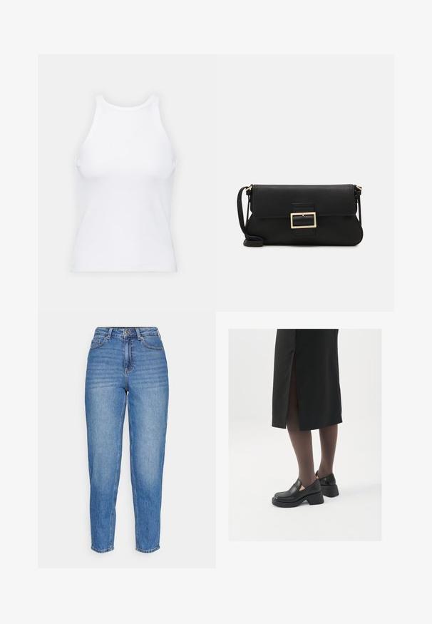 Bílý bezrukávový top vyrobený z ribbed látky, s kulatým výstřihem a přiléhavým střihem, s minimem švů a bez ozdob.; Modré džíny ze silné bavlny s vysokým pasem, rovnými nohavicemi a jemným vyblednutím. Klasický styl s pěti kapsami a zapínáním na knoflík.; Černé kožené boty s kulatou špičkou, silným blokovým podpatkem a elastickými bočními akcenty, spárované s tmavými punčochami a černou sukní se rozparkem.; Černá kožená psaníčko s klopou a zlatým kovovým detailním sponou. Součástí je černý popruh a elegantní, minimalistický design.