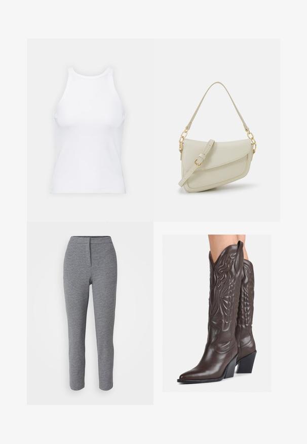 Hvit ermeløs tanktop laget av ribbet stoff, med rund hals og en tettsittende silhuett, med minimale sømmer og ingen dekorasjoner.; Grå strikkede leggings med et tettsittende design, høyt liv og glatt tekstur. Har et subtilt mønster og ingen synlige detaljer.; Brune skinncowboystøvler med spiss tå og blokkhelt, med detaljerte sømmer og hevede detaljer på skaftet.; Liten kremfarget håndveske med teksturert overflate, lang justerbar stropp, kjedeakenter og klaffelukking. Detaljer i gullfarge.