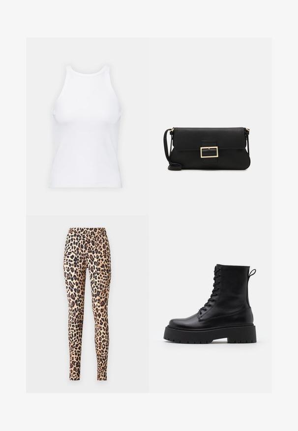 Biała bezrękawnikowa koszulka wykonana z prążkowanej tkaniny, z okrągłym dekoltem i dopasowanym krojem, o minimalnych szwach i bez ozdób.; ONLY ONLKIM piaskowy; Czarne skórzane botki za kostkę z okrągłym noskiem, sznurówką z przodu i grubą gumową podeszwą z teksturowanym bieżnikiem. Pętelka do zakładania z tyłu.; Czarna skórzana torebka kopertowa z klapką i detalem w postaci złotej metalowej klamry. Zawiera czarny pasek oraz elegancki, minimalistyczny design.