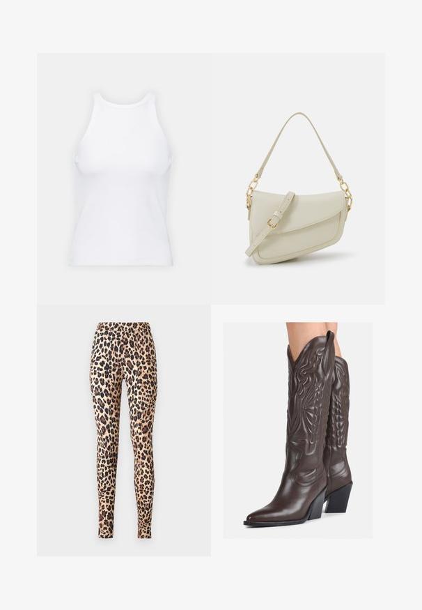 Hvid ærmeløs tanktop lavet af ribbet stof, med en rund halsudskæring og en tætsiddende silhuet, med minimale sømme og ingen pynt.; ONLY ONLKIM - Leggings - cuban sand; Brune læder cowboystøvler med spids tå og blokhæle, med detaljeret syning og forhøjede accenter på skaftet.; Lille cremehåndtaske med tekstureret overflade, en lang justerbar rem, en kædeaccent og flaplukning. Detaljer i guldhardware.