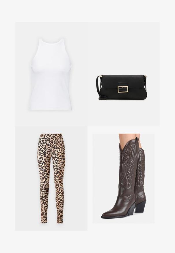 Valkoinen hihaton toppi, joka on valmistettu ribbikankaasta, ja jossa on pyöreä pääntie ja tiukka siluetti, minimaalisin saumoin ja ilman koristeita.; ONLY ONLKIM - Leggingsit - cuban sand; Ruske nahkasaappaat, joissa on terävä kärki ja laatikkokorko, varustettu yksityiskohtaisella ompelulla ja kohotetuilla yksityiskohdilla varsiosassa.; Musta nahkainen kynäpenkkilaukku, jossa on läppä ja kultainen metallinen solkiyksityiskohta. Mukana musta hihna ja tyylikäs, minimalistinen muotoilu.; Hope hopea, joissa on kierren muotoilu, kiiltävä pinta ja takana kiinnitettävä suljin. Halkaisija noin 3 cm.