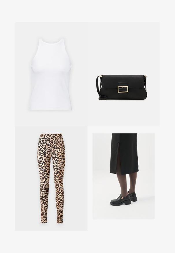 Débardeur blanc sans manches en tissu côtelé, doté d'un col rond et d'une silhouette ajustée, avec des coutures minimales et sans ornements.; ONLY ONLKIM - Legging (type pantalon) - cuban sand; Chaussures noires en cuir avec un bout arrondi, un épais talon bloc et des accents latéraux élastiques, associées à des bas foncés et une jupe noire avec une fente.; Pochette en cuir noir avec un rabat et un détail en boucle en métal doré. Inclut une sangle noire et un design épuré et minimaliste.