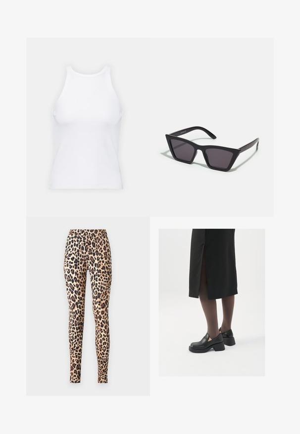 Biela bezrukávová tielko vyrobené z rebrovanej látky, s okrúhlym výstrihom a priliehavým strihom, s minimálnymi švami a bez ozdôb.; ONLY ONLKIM - Legíny – nohavice - cuban sand; Čierne kožené topánky s okrúhlou špičkou, silným blokovým opätkom a elastickými bočnými akcentmi, skombinované s tmavými pančuchami a čiernou sukňou so štiepením.; Čierne, ostré slnečné okuliare so sivými sklami; vyrobené z plastu, majú hrubé ramená s hladkým povrchom a bez viditeľnej mechaniky.