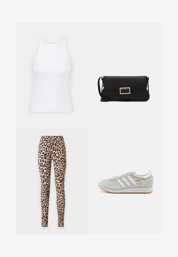 White sleeveless tank top made of ribbed fabric, featuring a rounded neckline and a fitted silhouette, with minimal seams and no embellishments.; ONLY ONLKIM  - Leggings - Trousers - cuban sand; Light grey sneaker made of suede and mesh, featuring three white stripes, round toe, and a gum rubber sole. Gold logo accent near laces.; Black leather clutch bag with a flap and a gold metal buckle detail. Includes a black strap and a sleek, minimalist design.; Silver hoop earrings with a twisted design, featuring a polished finish and post-back closure. Measure approximately 3 cm in diameter.