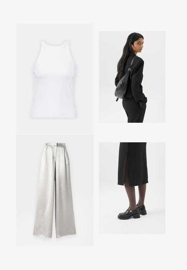 Balta bezpiedurkņu topiņš no ribotā auduma, ar noapaļotu kakla izgriezumu un pieguļošu siluetu, ar minimālām šuvēm un bez rotājumiem.; Sudraba platās kājas bikses, izgatavotas no saburzīta tekstūras auduma, ar augstu vidukli un ar rāvējslēdzēju aizmugurē.; Melni ādas apavi ar noapaļotu purngalu, biezām bloku papēžiem un elastīgiem sānu akcentiem, apvienoti ar tumšām zeķubiksēm un melnu svārku ar šķirbu.; Sieviete ar garām tumšām matiem, ģērbusies melnā uzvalkā, nēsā melnu ādas plecu somu un skatās pāri plecam uz balta fona.; Sudraba gredzenveida auskari ar minimālistisku dizainu. Cirkulāra forma, gluda tekstūra un plāns profils. Vieglu svaru ar spīdīgu apdari.