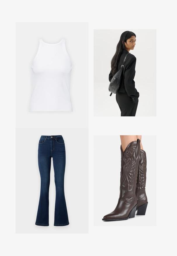 Valge ilma varrukateta T-särk, mis on valmistatud ribakangast, ümarate kaelustega ja kitseneva siluetiga, minimaalse õmbluste ning ilma kaunistusteta.; Tumedat sinised denim flared teksad kõrge vöökoha ja viie taskuga, vööloopide ja peente õmblusdetailidega õmblustel.; Pruunid nahast cowboy saapad terava varbaga ja plokk-kandaga, millel on detailne tikand ja kergelt tõstetud aktsendid varrel.; Pikkade tumehaired naine mustas ülikonnas, kandes musta nahast õlakotti, vaatab üle õla valge tausta taustal.
