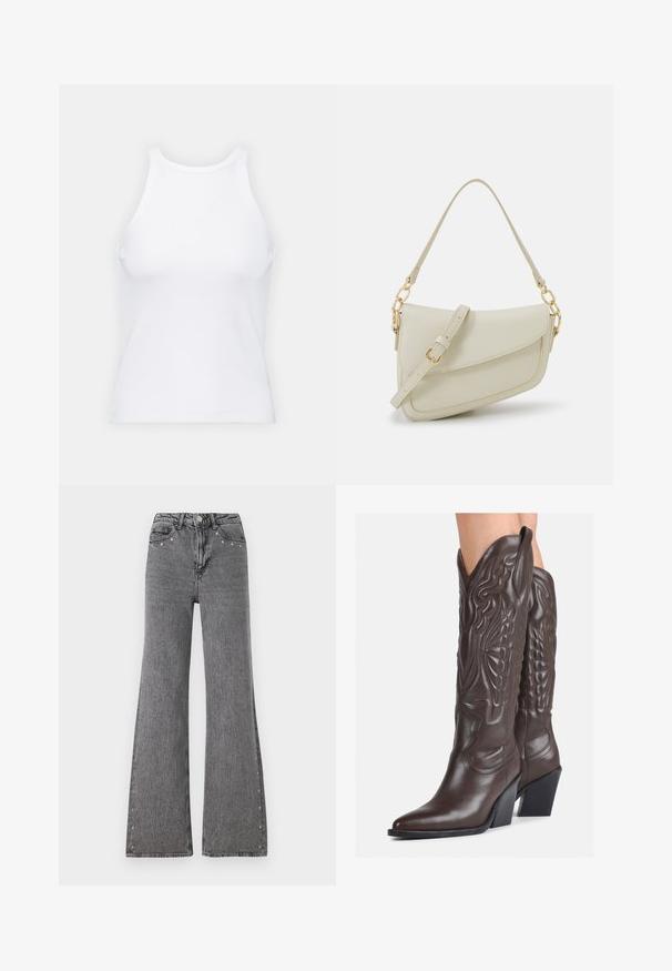 Valge ilma varrukateta T-särk, mis on valmistatud ribakangast, ümarate kaelustega ja kitseneva siluetiga, minimaalse õmbluste ning ilma kaunistusteta.; Hallideg pants hallideg jeanid hallideg denimis, millel on kõrge vöökoht, esitaskud ja dekoratiivsed nupud külgõmbluste mööda. Sujuv tekstuur.; Pruunid nahast cowboy saapad terava varbaga ja plokk-kandaga, millel on detailne tikand ja kergelt tõstetud aktsendid varrel.; Väike kreemjas käekott tekstureeritud viimistlusega, pikendatav rihm, ketiläbimõõt ja klapiga sulgemine. Kuldsed metalldetailid.