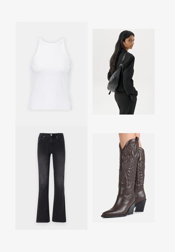 Top alb fără mâneci, confecționat din material ribbed, prezentând un decolteu rotund și o siluetă ajustată, cu cusături minime și fără ornamente.; Blugi negri evazați din denim, cu închidere prin buton, cinci buzunare și decolorare subtilă. Detalii cusute pe cusături.; Bocanci de cowboy din piele maro, cu vârf ascuțit și toc pătrat, având cusături detaliate și accente ridicate pe tijă.; Femeie cu păr lung și închis la culoare, îmbrăcată într-un costum negru, purtând o geantă de umăr din piele neagră, privind peste umăr, pe un fundal alb.