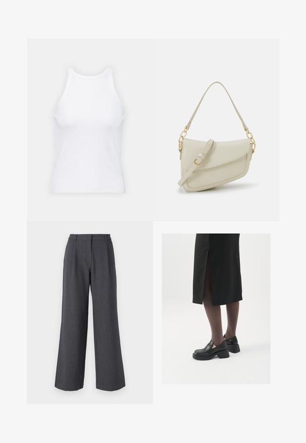 White sleeveless tank top made of ribbed fabric, featuring a rounded neckline and a fitted silhouette, with minimal seams and no embellishments.; Gray wide-leg trousers with a textured fabric, featuring front pleats, a tailored waistband, and a clean finish at the ankle.; Black leather shoes with a rounded toe, thick block heel, and elastic side accents, paired with dark tights and a black skirt with a slit.; Small cream handbag with a textured finish, a long adjustable strap, a chain accent, and a flap closure. Gold hardware detailing.