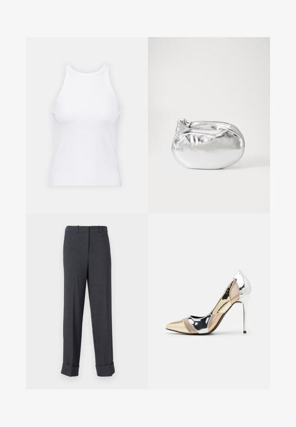 White sleeveless tank top made of ribbed fabric, featuring a rounded neckline and a fitted silhouette, with minimal seams and no embellishments.; Grey tailored trousers made of textured fabric, featuring a straight leg, belt loops, and cuffed hems for a structured appearance.; Pointed-toe high heel shoe with a silver, gold, and nude color scheme. Glossy finish with cutout design, featuring a stiletto heel.; Silver metallic pouch bag with a soft, rounded shape and a knotted top closure. Made from smooth faux leather material.; Silver hoop earrings with a minimalist design. Circular shape, smooth texture, and thin profile. Lightweight with a polished finish.