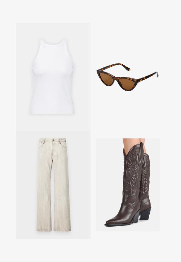 White sleeveless tank top made of ribbed fabric, featuring a rounded neckline and a fitted silhouette, with minimal seams and no embellishments.; G-STAR JUDEE  - Loose Jeans - vintage arctic tundra; Brown leather cowboy boots with pointed toe and block heel, featuring detailed stitching and raised accents on the shaft.; Cat-eye sunglasses with a black and orange tortoiseshell frame, brown lenses, and sleek, pointed tips. Features a minimal logo on the temple.; Silver hoop earrings with a twisted design, featuring a polished finish and post-back closure. Measure approximately 3 cm in diameter.