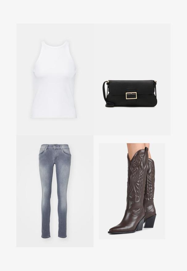 Valge ilma varrukateta T-särk, mis on valmistatud ribakangast, ümarate kaelustega ja kitseneva siluetiga, minimaalse õmbluste ning ilma kaunistusteta.; Kitsad teksad keskmise halli pesuga, valmistatud denimist. Omavad viit taskut, vööloopi ning pleekinud efekti reite ja põlvede suunas.; Pruunid nahast cowboy saapad terava varbaga ja plokk-kandaga, millel on detailne tikand ja kergelt tõstetud aktsendid varrel.; Must haben musta nahkklahviga kott, millel on klapp ja kuldne metallist pandla detail. Kaasas must rihm ja stiilne, minimalistlik disain.; Kuldne rõngassõrmused sileda ja läikiva viimistlusega. Ringikujuline disain, millel on väike post ja selge tagumine külg, et tagada kindel kandmine.