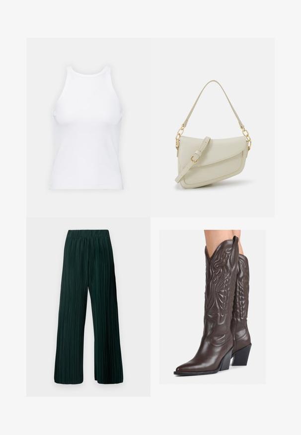 Top senza maniche bianco realizzato in tessuto a coste, caratterizzato da un collo arrotondato e una silhouette aderente, con cuciture minime e senza decorazioni.; Pantaloni a gamba larga plissettati di colore verde scuro. Realizzati in un tessuto morbido con un design testurizzato e una vita elasticizzata per il massimo comfort.; Stivali da cowboy in pelle marrone con punta affusolata e tacco a blocco, caratterizzati da dettagliati ricami e accenti rialzati sul gambale.; Piccola borsa a tracolla crema con finitura testurizzata, una lunga tracolla regolabile, un accento a catena e chiusura a patta. Dettagli in hardware dorato.; Orecchini a cerchio in argento con un design torciglionato, caratterizzati da una finitura lucida e chiusura a perno. Misurano circa 3 cm di diametro.