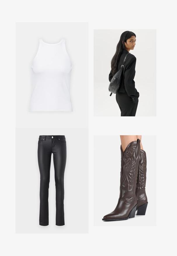 White sleeveless tank top made of ribbed fabric, featuring a rounded neckline and a fitted silhouette, with minimal seams and no embellishments.; Black faux leather skinny jeans featuring a smooth texture, mid-rise waist, five-pocket design, and silver hardware accents.; Brown leather cowboy boots with pointed toe and block heel, featuring detailed stitching and raised accents on the shaft.; Woman with long dark hair wearing a black suit, carrying a black leather shoulder bag, looking over her shoulder against a white background.