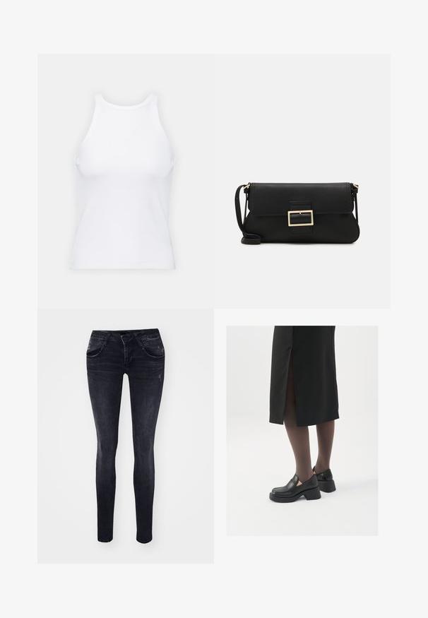 Bijela majica bez rukava napravljena od rebraste tkanine, s okruglim izrezom i uklapajućim siluetom, s minimalnim šavovima i bez ukrasa.; Uske traperice u tamnom pranju, s kopčanjem na gumb i zip, prednjim džepovima i blago istrošenim materijalom.; Crne kožne cipele s zaobljenim vrhom, debelim blok petama i elastičnim bočnim detaljima, uparene s tamnim čarapama i crnom suknjom s prorezom.; Crna kožna clutch torbica s preklopom i zlatnim metalnim detaljem kopče. Uključuje crnu trakicu i elegantan, minimalistički dizajn.; Srebrne naušnice s obručima i uvijenim dizajnom, s poliranim završetkom i pričvršćivanjem na stražnjoj strani. Mjere otprilike 3 cm u promjeru.