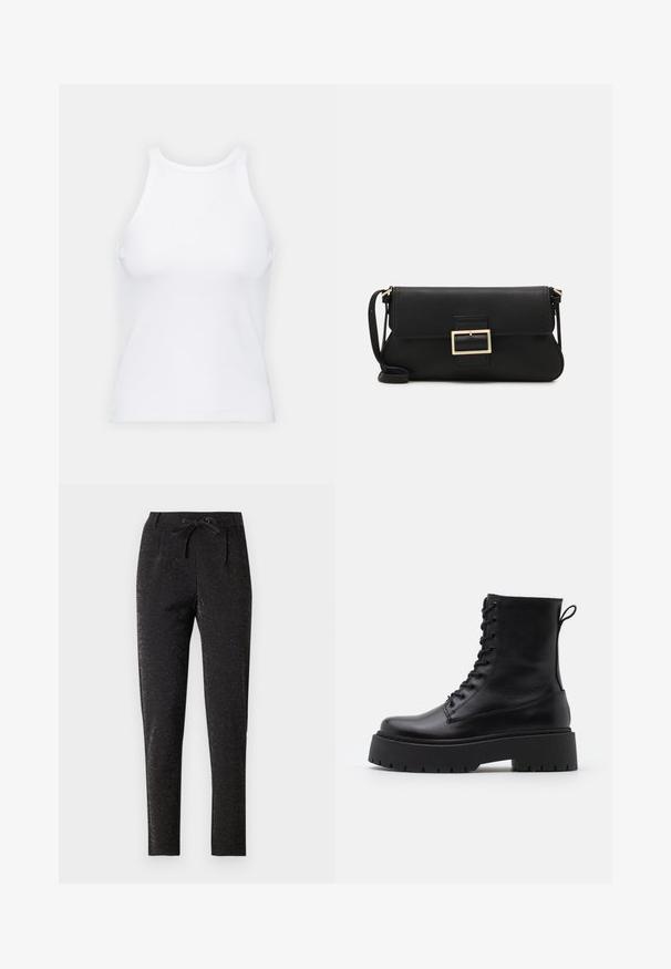 Bijela majica bez rukava napravljena od rebraste tkanine, s okruglim izrezom i uklapajućim siluetom, s minimalnim šavovima i bez ukrasa.; Crne hlače s suptilnim sjajnim efektom, s pojasom na vezanje, krojem koji se prilagođava i suženim nogavicama za uski siluetu.; Crne kožne gležnjače s okruglim vrhom, vezanjem sprijeda i debelim gumenim potplatom s teksturiranim uzorkom. Tipa: traka za vuču na stražnjoj strani.; Crna kožna clutch torbica s preklopom i zlatnim metalnim detaljem kopče. Uključuje crnu trakicu i elegantan, minimalistički dizajn.