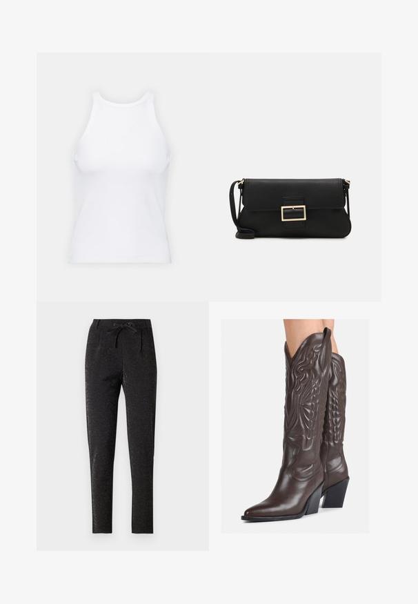 White sleeveless tank top made of ribbed fabric, featuring a rounded neckline and a fitted silhouette, with minimal seams and no embellishments.; Black trousers with a subtle glitter effect, featuring a drawstring waist, tailored design, and tapered leg for a fitted silhouette.; Brown leather cowboy boots with pointed toe and block heel, featuring detailed stitching and raised accents on the shaft.; Black leather clutch bag with a flap and a gold metal buckle detail. Includes a black strap and a sleek, minimalist design.; Silver hoop earrings with a twisted design, featuring a polished finish and post-back closure. Measure approximately 3 cm in diameter.