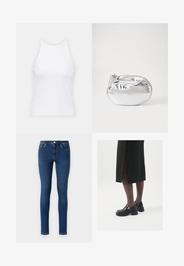 Bela brezrokavna majica iz rebraste tkanine, z zaobljenim izrezom in prilegajočim silhueto, z minimalnimi šivi in brez okraskov.; Tanekani jeans v temno modri barvi. Imajo klasičen design s petimi žepi, kovinsko zapiranje in subtilno šivanje ob šivih.; Črne usnjene čevlje s zaobljenim prstom, debelim blokastim petama in elastičnimi stranskimi detajli, v kombinaciji s temno nogavicami in črno krilo z razporkom.; Srebrna kovinska torbica z mehko, zaobljeno obliko in zavezano zgornjo zaporo. Narejena iz gladkega umetnega usnja.; Srebrne uhane v obliki obroča z minimalističnim dizajnom. Krožna oblika, gladka tekstura in tanek profil. Lahki s poliranim zaključkom.