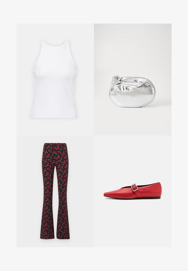 Weißes ärmelloses Tanktop aus geripptem Stoff, mit rundem Ausschnitt und figurbetonter Silhouette, minimalen Nähten und ohne Verzierungen.; Schmale Schlaghosen aus dehnbarem schwarzen Stoff mit einem Kirschmuster in Rot und Grün. Mit einem glatten Bund und einer leichtgewichtigen Textur.; Rote Leder-Ballerina mit einer spitzen Zehe, ausgestattet mit einem Seitenriemen mit einer Metallschnalle und einem niedrigen schwarzen Absatz. Glatte Textur über die gesamte Fläche.; Silberne metallic Pouch-Tasche mit einer sanften, abgerundeten Form und einem geknoteten Verschluss oben. Hergestellt aus glattem Kunstleder.; Silberne Creolen mit minimalistischem Design. Rundform, glatte Oberfläche und dünnes Profil. Leichtgewichtig mit hochglänzender Oberfläche.