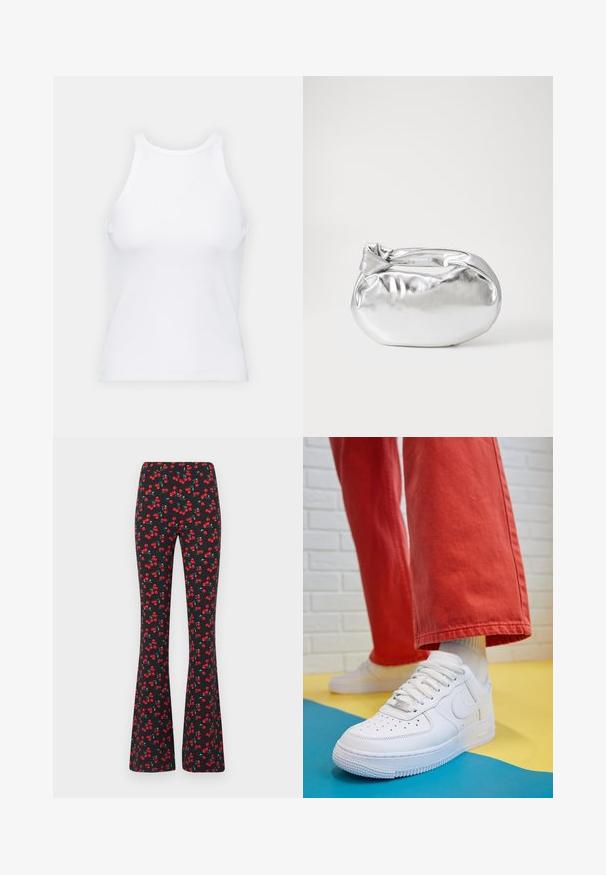 Valkoinen hihaton toppi, joka on valmistettu ribbikankaasta, ja jossa on pyöreä pääntie ja tiukka siluetti, minimaalisin saumoin ja ilman koristeita.; Kukkarit lahkeet joustavasta mustasta kankaasta, jossa on kirsikkakuosi punaisena ja vihreänä. Olisi sileä vyötärö ja kevyt rakenne.; Valkoinen nahkakengät, joissa on rei'itetty varvasosa, teksturoitu pohja ja valkoiset nauhat, yhdistettynä leveisiin punaisiin housuihin ja sinikeltaiseen taustaan.; Hopeapintainen metallinen pussilaukku, jolla on pehmeä, pyöreä muoto ja solmittava yläosa. Valmistettu sileästä tekonahkamateriaalista.; Hopehope hopeilla, joissa on minimalistinen muotoilu. Pyöreä muoto, sileä pinta ja ohut profiili. Kevyet ja kiillotetut.