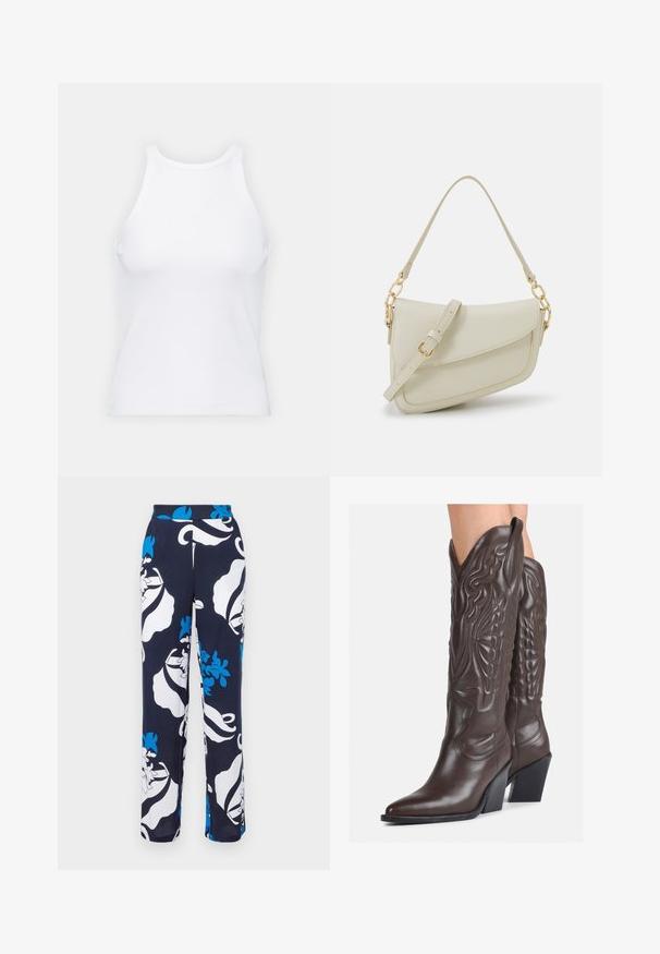 Fehér ujjatlan trikó ribbed anyagból, lekerekített nyakkivágással és testhez simuló siluettel, minimális varrásokkal és díszítések nélkül.; Tengerész kék anyagú nadrág nagy kék és fehér virágmintákkal, bő szárú kialakítással, sima textúrával és magas derékkal.; Barna bőr cowboy csizmák hegyes orral és blokk sarkal, részletes varrással és kiemelkedő díszítésekkel a szárán.; Kis krémszínű táska texturált felülettel, hosszú, állítható pánttal, láncos díszítéssel és fedéllel záródik. Aranyszínű fém részletek.; Arany fülbevalók sima, fényes felülettel. Kör alakú dizájn, amely kis kapoccsal és átlátszó tartozékkal rendelkezik a biztonságos viselés érdekében.