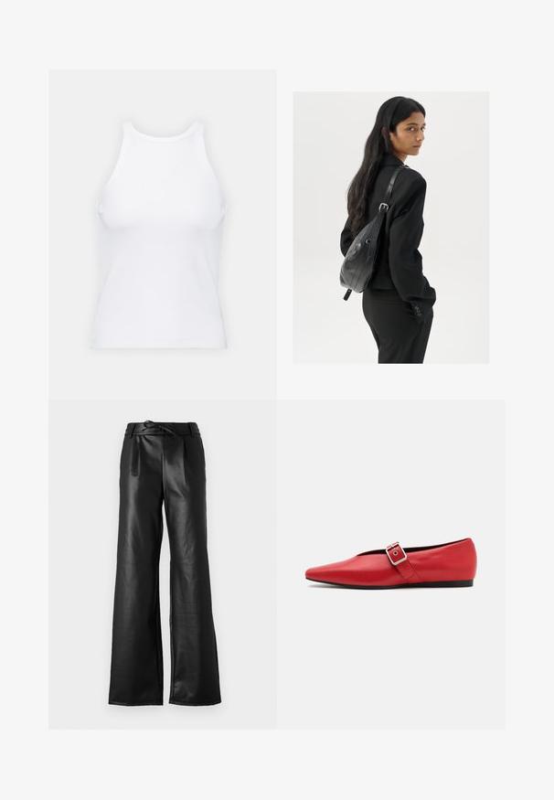 Bijela majica bez rukava napravljena od rebraste tkanine, s okruglim izrezom i uklapajućim siluetom, s minimalnim šavovima i bez ukrasa.; Crne široke hlače od umjetne kože s visokim strukom, koje imaju plisirane detalje, zatvaranje na pertlu i glatku, sjajnu teksturu.; Crvene kožne ravne cipele sa špicastim vrhom, koje imaju bočnu traku s metalnom kopčom i nizak crni potplat. Glatka tekstura kroz cijelu cipelu.; Žena s dugom tamnom kosom koja nosi crno odijelo, drži crnu kožnu torbu preko ramena i gleda unazad na bijeloj pozadini.