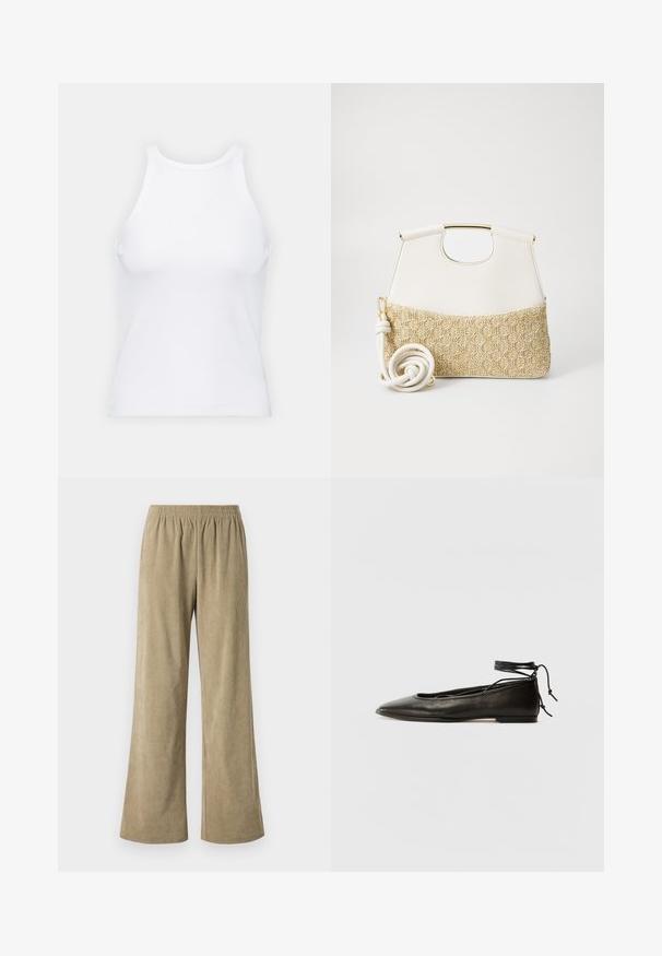 Valge ilma varrukateta T-särk, mis on valmistatud ribakangast, ümarate kaelustega ja kitseneva siluetiga, minimaalse õmbluste ning ilma kaunistusteta.; Beezid ribikute laiad püksid elastse vöökohtaga, millel on vertikaalne ribakujundus ja vaba lõige. Ideaalsed igapäevaseks kandmiseks.; Must mustast balletijalatsid, millel on terav nina, pahkluu seotud ja lame tall, sujuva tekstuuri ning minimalistlik disain.; Valge nahast käekott, mille alumine osa on tekstureeritud kreemjas kudumiga. Kott on varustatud kuldse käepidemega ja keerdus valge rihmaga, mis lisab mitmekesisust.